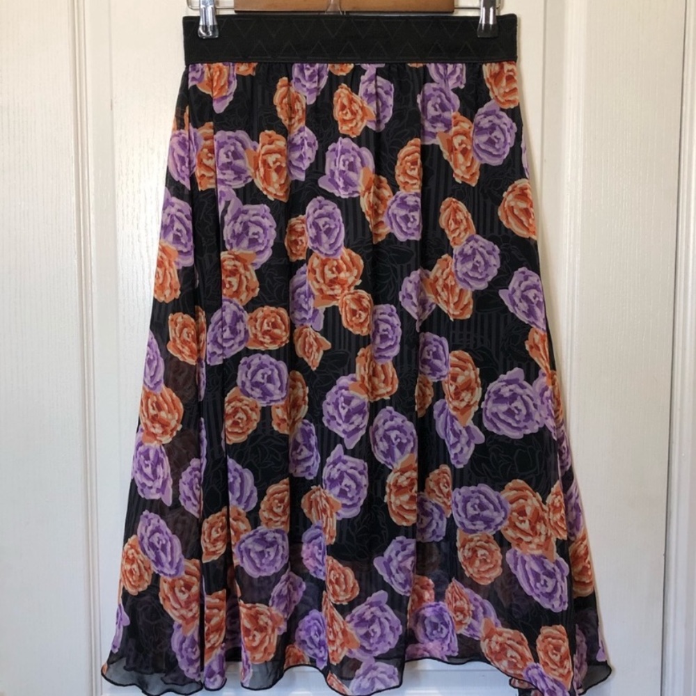 LuLaRoe Lola Flowy Chiffon Floral Midi Skirt Orange & Purple w/ Black 🧡💜🖤